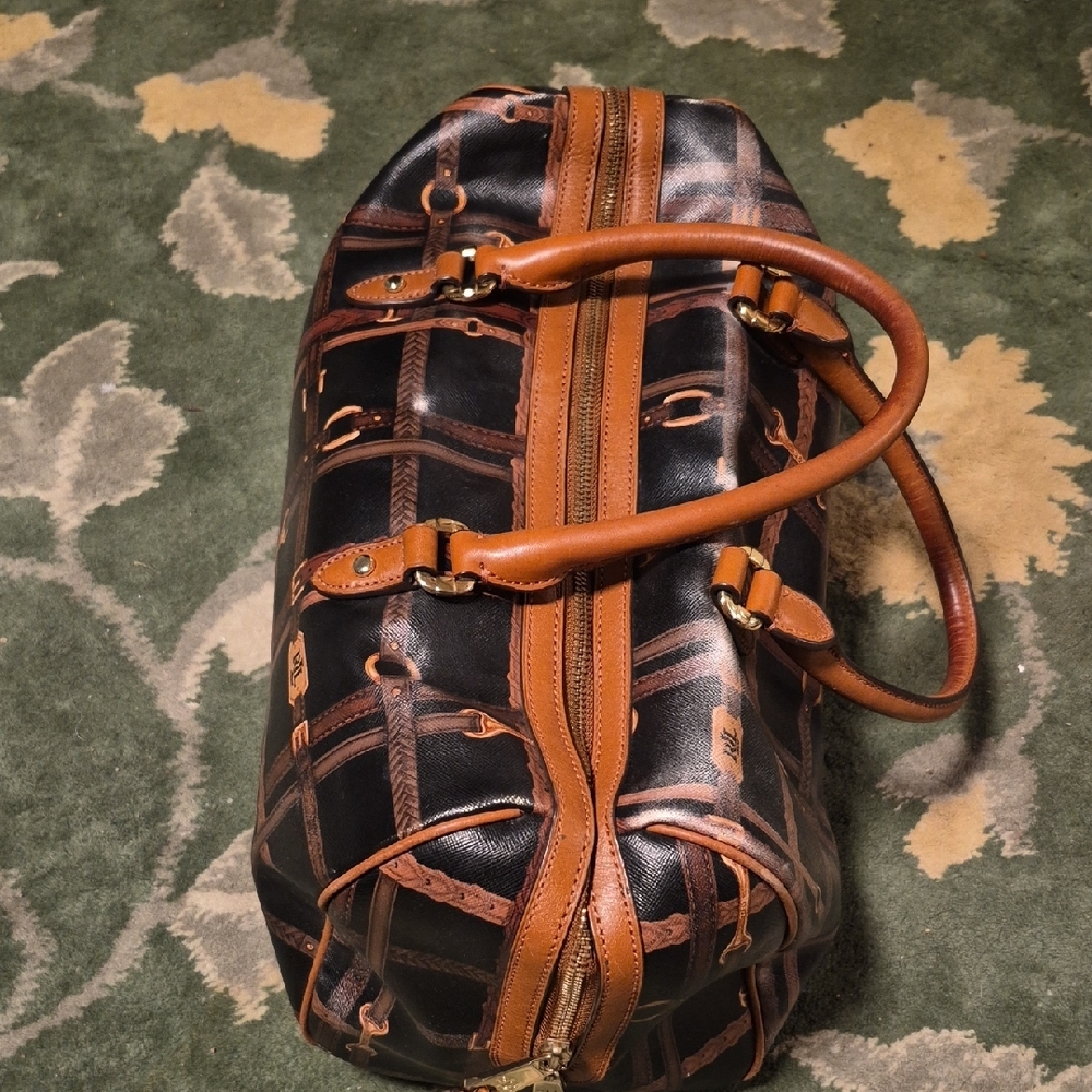 Ralph Lauren Black & Brown Patterned Leather-Trim Hobo Bag - Picture 3 of 16